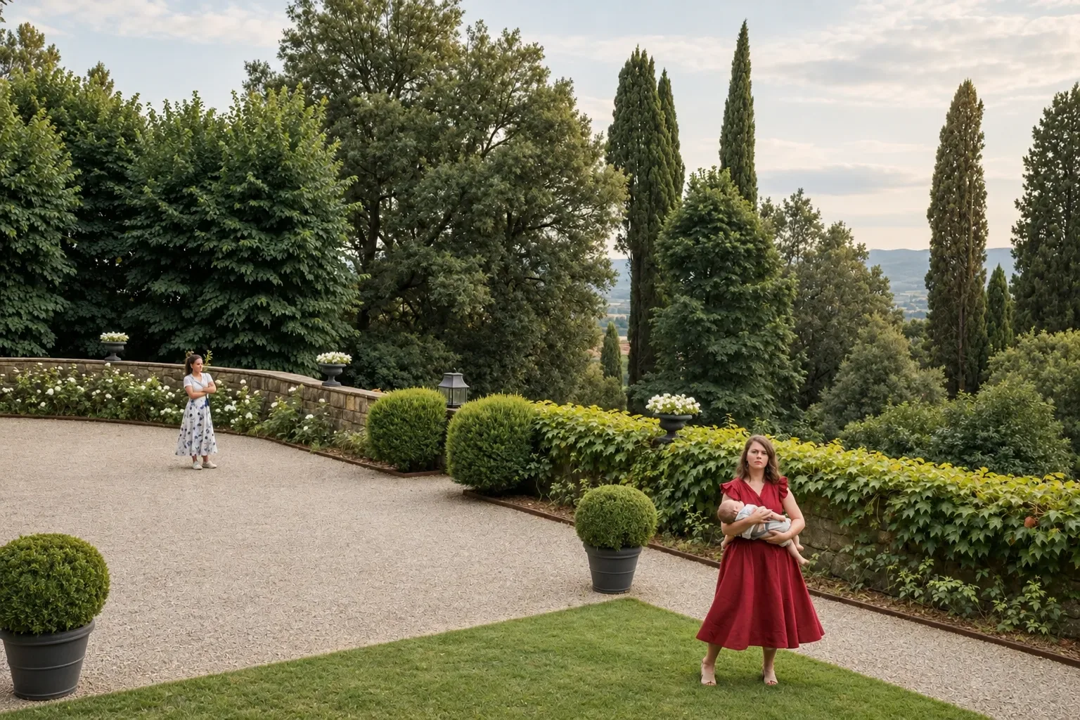 A guest in a red dress holding a baby on the lawn of a Tuscan villa, cypresses and hills behind