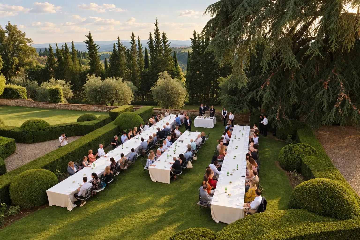 Long tables set for a wedding dinner on the lawn of a Tuscan villa, cypresses and hills beyond
