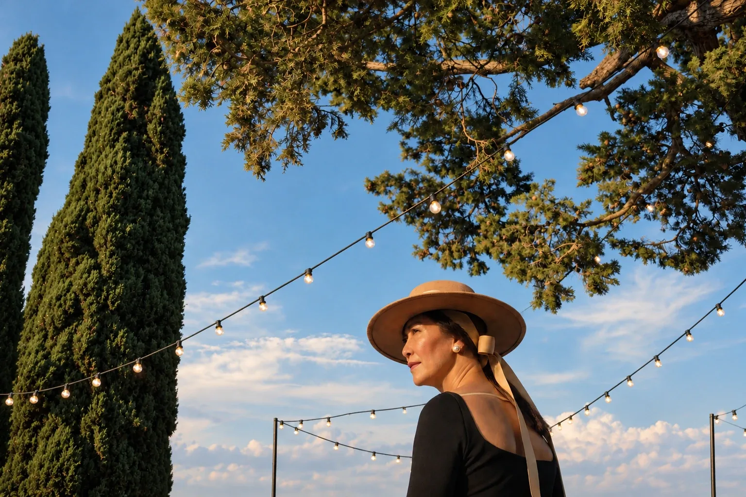 A guest in a wide brimmed hat under festoon lights, cypresses against the sky